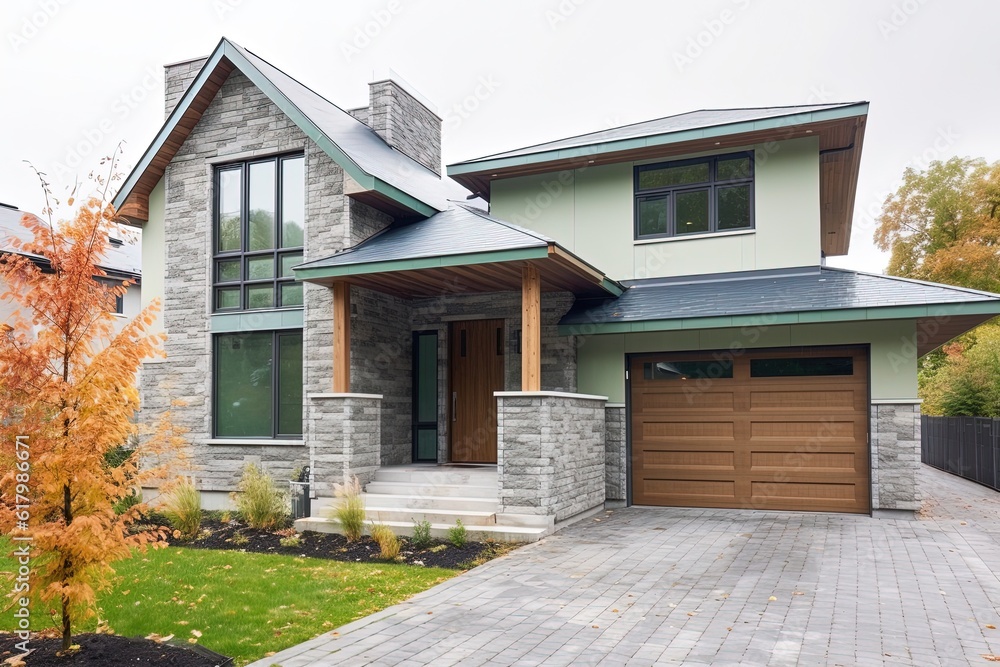 Contemporary Layout and Inspirational Design: A Stunning New Build House with Single Car Garage, Light Green Siding, and Natural Stone Cladding, generative AI