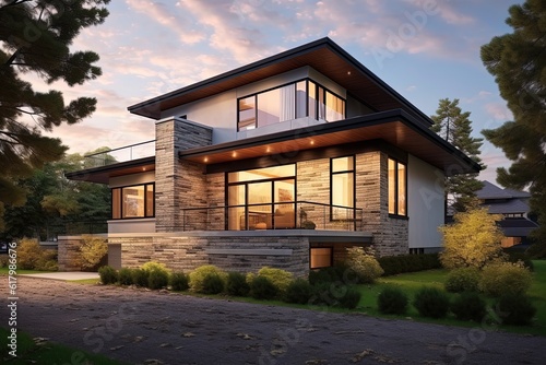 Contemporary Layout and Inspiring Features: A Stunning New Build House with Single Car Garage, Beige Siding, and Natural Stone Cladding, generative AI