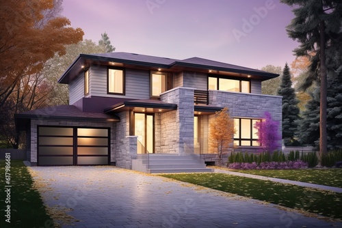 Contemporary Layout and Inspiring Design  A New Build House with Single Car Garage  Purple Siding  and Natural Stone Cladding  generative AI