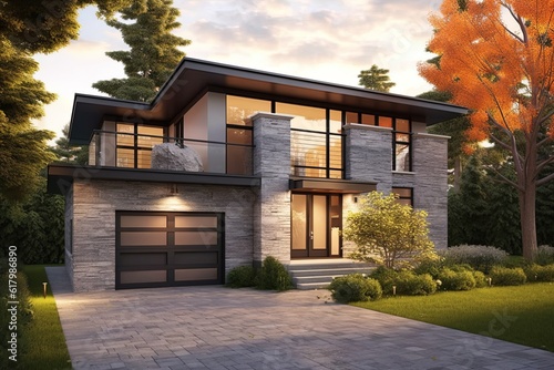 Retro-Inspired New House with Contemporary Features: Single Car Garage, Gray Siding, Natural Stone Facade, generative AI