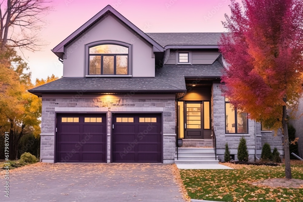 Retro-Inspired New House with Contemporary Features: A Unique Blend of Purple Siding, Natural Stone Facade, and Single Car Garage, generative AI Retro-Inspired New House with Contemporary Features: A Unique Blend of Purple Siding, Natural Stone Facade, and Single Car Garage, generative AI