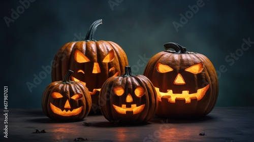 Halloween pumpkin head jack lantern with burning candles.