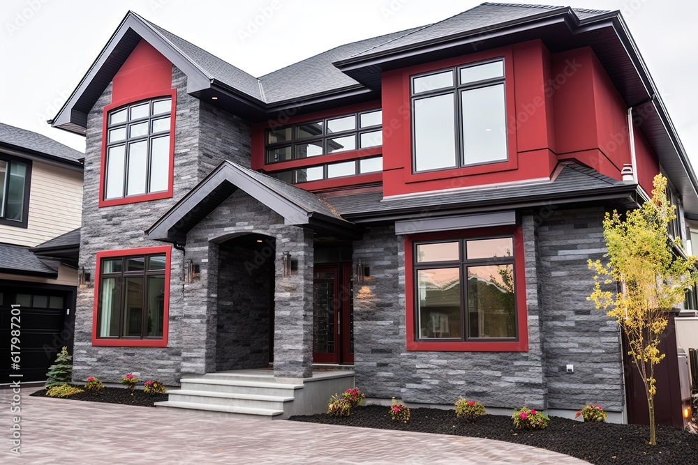 Double Garage, Red Siding, and More: Discover the Innovative Aesthetic of a Visionary Brand New House with Natural Stone Embellishments, generative AI