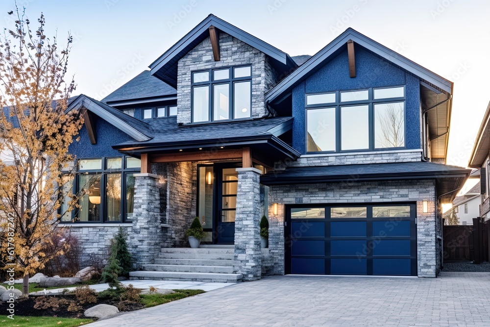 Double Garage & Dark Blue Siding: A Visionary, Innovative Home with Natural Stone Embellishments, generative AI