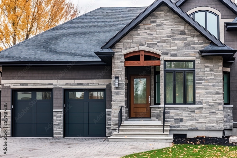 Visionary Brand New House: Innovative Aesthetic with Double Garage, Dark Green Siding, and Natural Stone Embellishments, generative AI