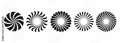 Black and white curl sunburst circles collection. Stylized radial twisted element pack. Round rays and beams set. Geometric stars pack. Vector illustration concept for banner, badge, sticker, poster.