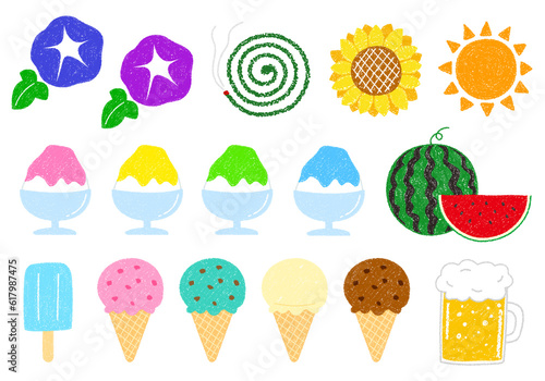 クレヨン素材　手描きの夏素材セット