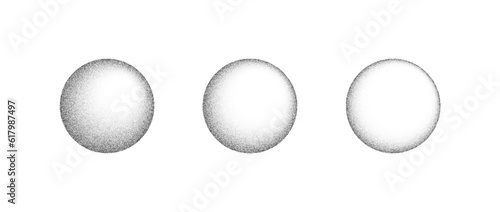 Textured gradient spheres set. Black dotted circles collection. Stippled round elements pack. Fading noise grain dotwork shapes. Light half tones and shadows effect illustration bundle. Vector 