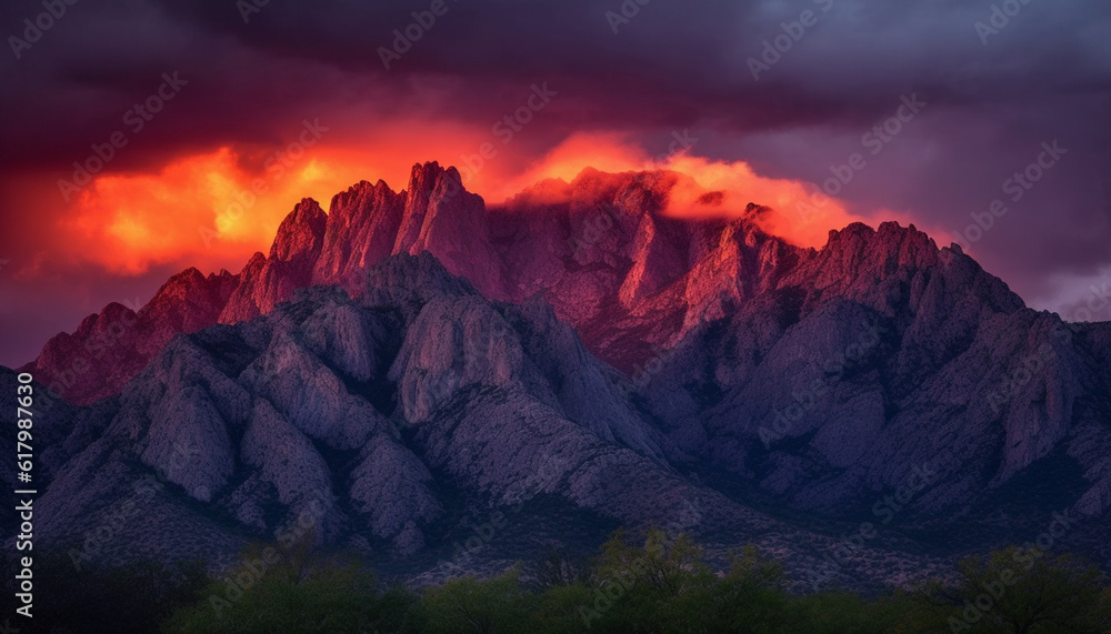 Naklejka premium Majestic mountain range at dusk, tranquil scene of nature beauty generated by AI