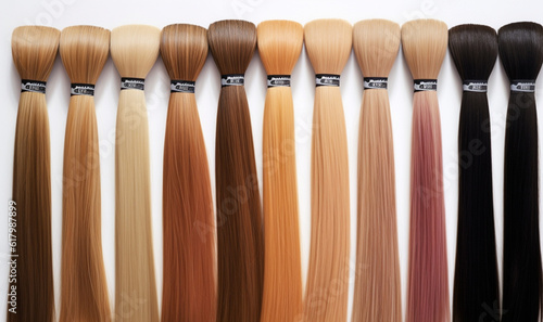 assortment of hair for hair extension procedure. types of materials, color and quality for the presentation of the service. Toning of different shades of the background of the strands. Social media photo