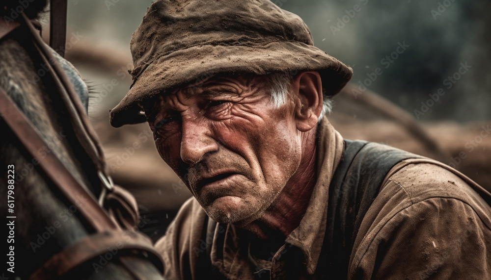 Old farmer, poverty, sadness, working outdoors in rural scene generated by AI