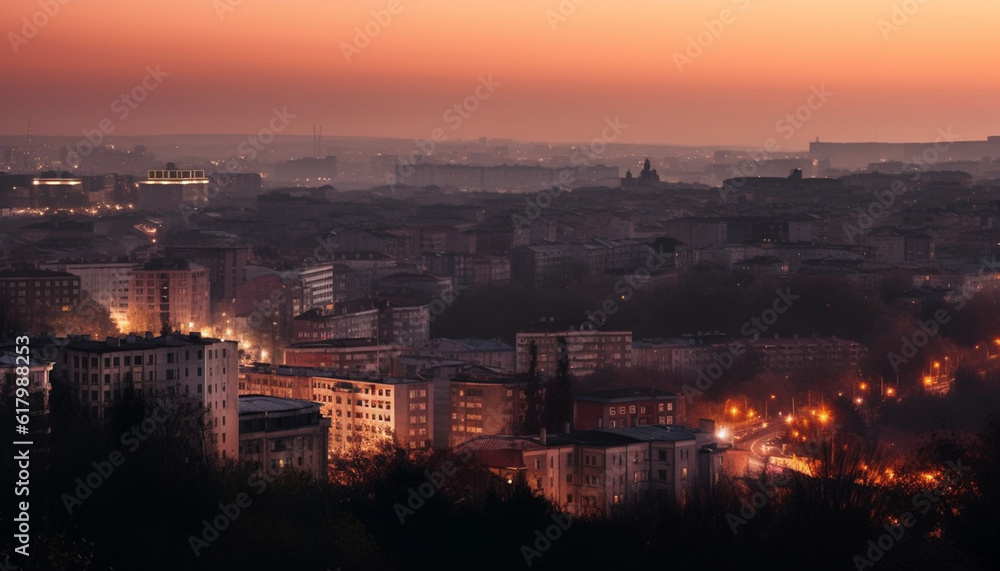 Illuminated city skyline at dusk, famous place with historic architecture generated by AI