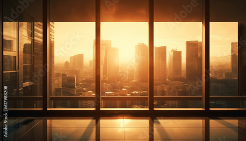 Modern city skyline reflects bright sunset in glass skyscrapers generated by AI