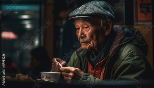 Senior man sitting indoors at a table  drinking coffee alone generated by AI