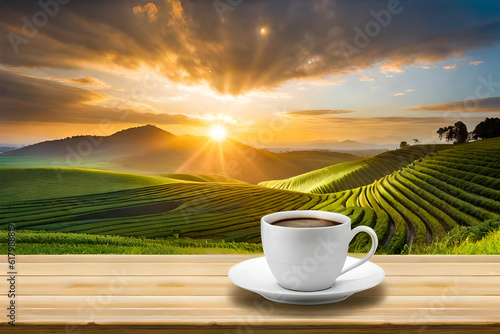 Coffee cup on wooden table with green plantation background made with Generative AI.