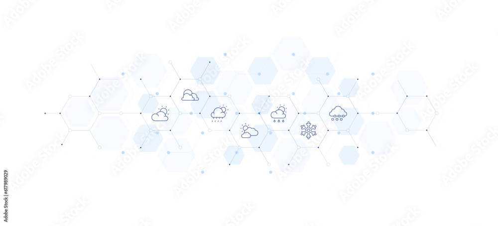 Weather banner vector illustration. Style of icon between. Containing cloudy, rainy day, rainy, snow, snowflake.