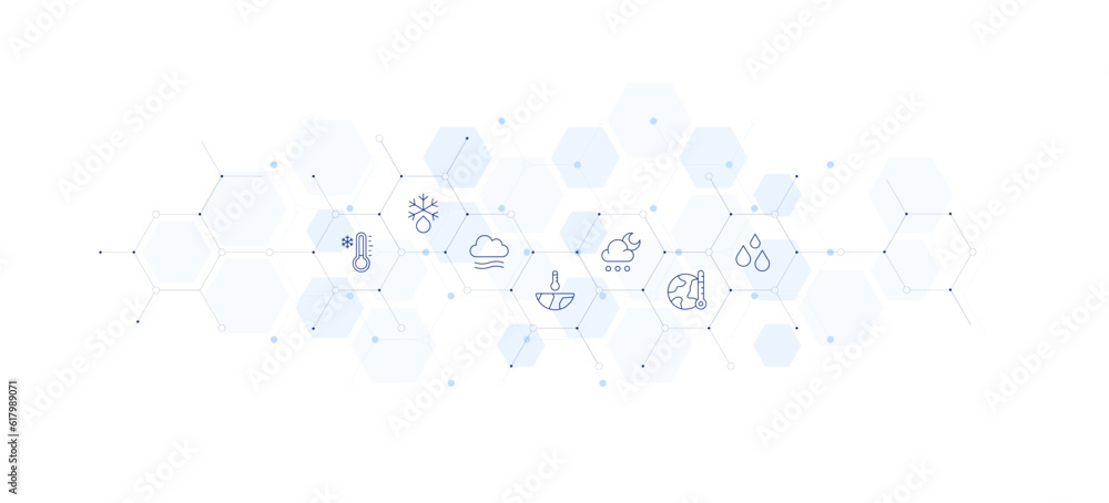 Weather banner vector illustration. Style of icon between. Containing cold, defrost, fog, global warming, hail, humidity.
