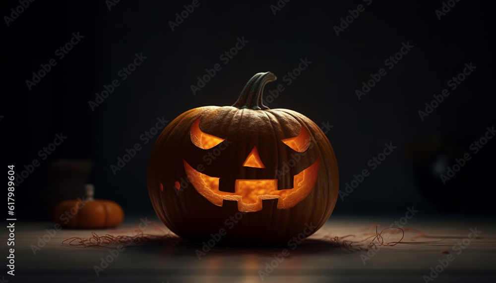 Glowing pumpkin lanterns light up the spooky Halloween night generated by AI Glowing pumpkin lanterns light up the spooky Halloween night generated by AI