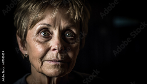 Serious senior woman with wrinkled face staring at camera indoors generated by AI