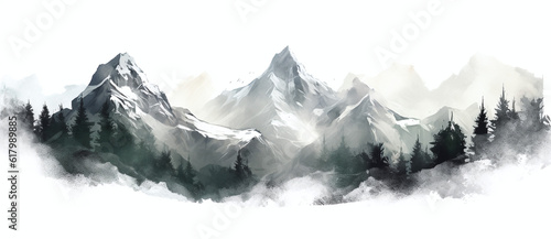 a painting depicting mountain peaks with pine forest Generated by AI © tom sandy