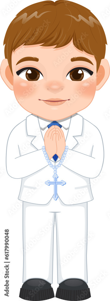 First communion boy praying has a rosary in his hand cartoon First communion boy praying has a rosary in his hand cartoon