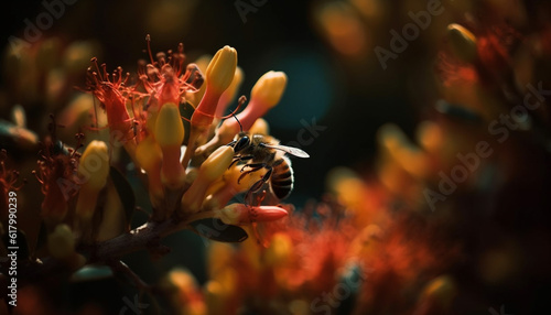 A close up of a yellow honey bee pollinating a flower generated by AI