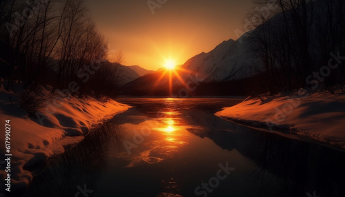Tranquil sunset over mountain range, reflecting beauty in nature generated by AI