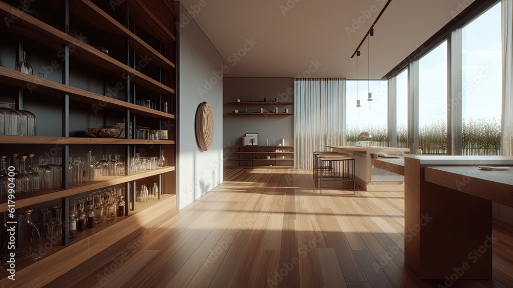 A white kitchen and dining area accentuated by the functionality of built-in pantry shelves, while the surrounding windows invite natural light. Photorealistic illustration, Generative AI