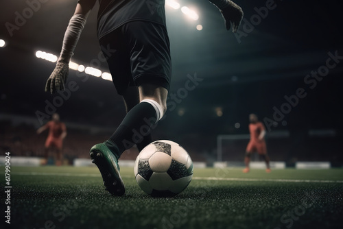 Close up of a soccer striker ready to kicks the ball in the football goal. Soccer scene at night match with player kicking the ball with power, generative AI