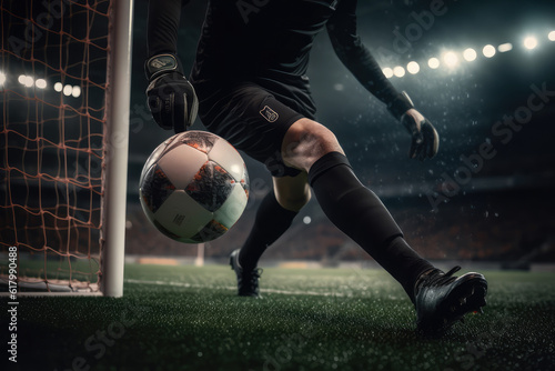 Close up of a soccer striker ready to kicks the ball in the football goal. Soccer scene at night match with player kicking the ball with power, generative AI