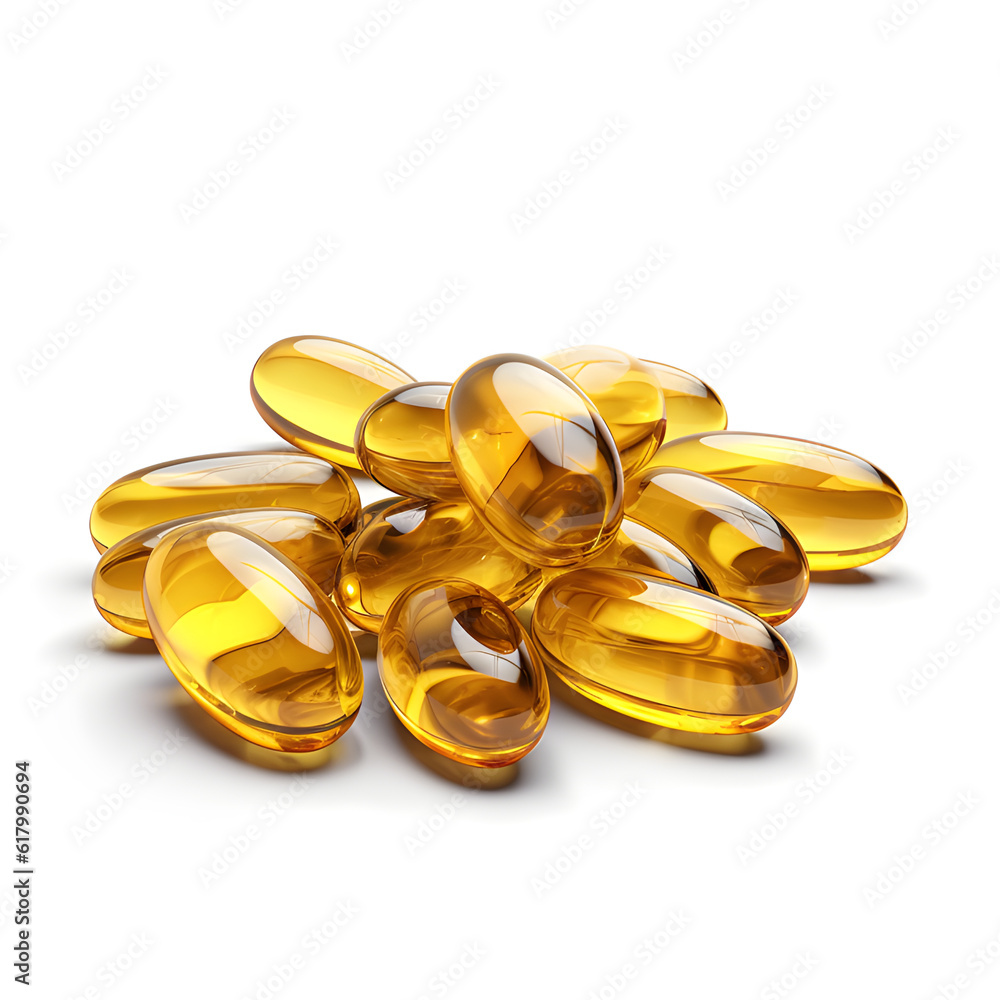 Omega-3 fish oil softgel capsules. Generative AI Omega-3 fish oil softgel capsules. Generative AI