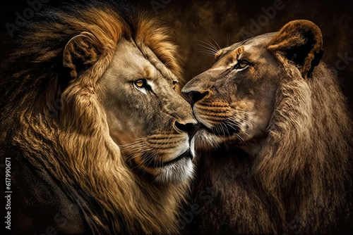 Majestic African lion couple loving pride  generative AI
