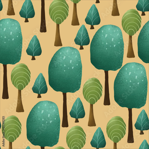 beautiful hand drawn greenery scenery and tree  pattern