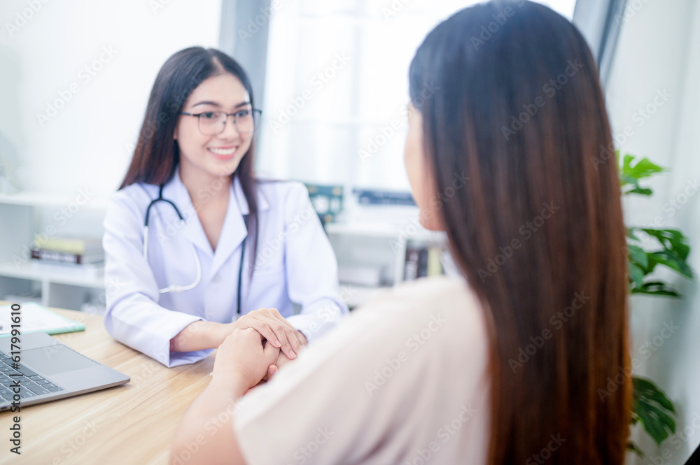 Fototapeta premium Asian young woman suffering from flu visiting professional doctor for sick problem consultation in clinic office