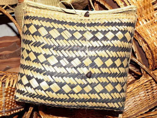 Obraz na plátně Decorated basket, with a bicolor geometric pattern made with vegetable fiber, ac