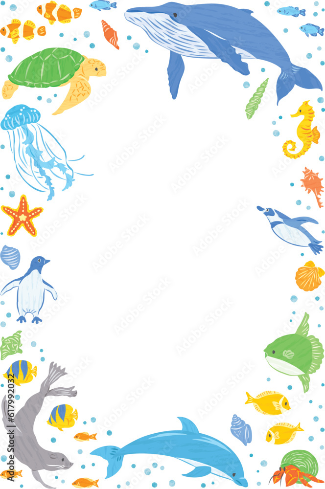 Fototapeta premium 海の生き物 イラストフレーム 縦
