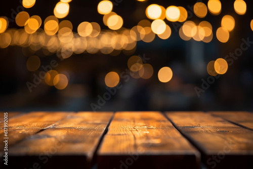 Wooden Table and Golden Bokeh Background Generative AI