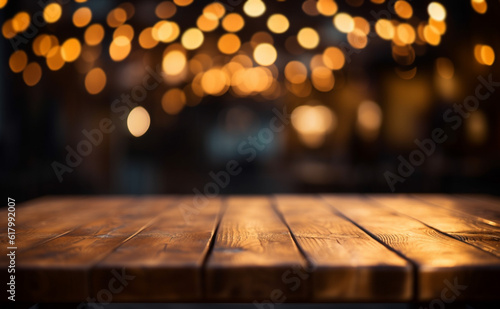 Wooden Table and Golden Bokeh Background Generative AI
