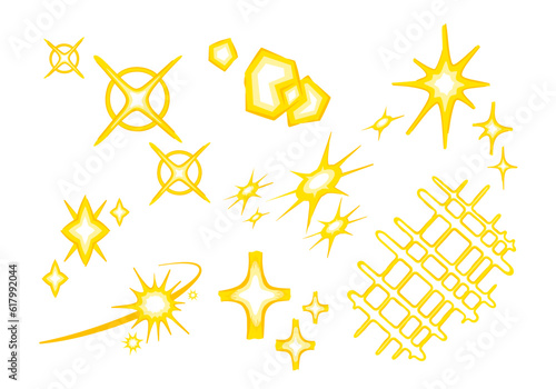 キラキラ、光る、輝く効果の手描き素材セット