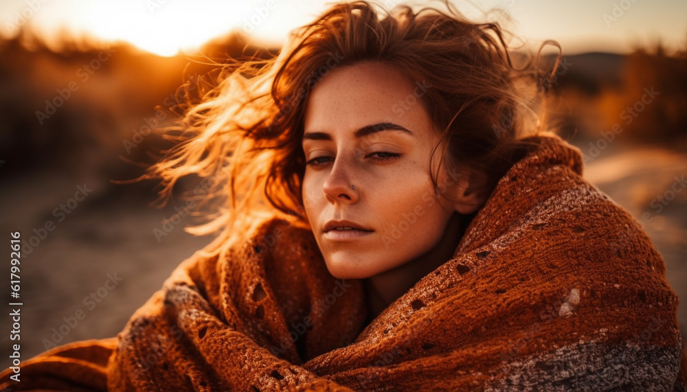 Beautiful young woman enjoys nature beauty in warm autumn sunset generated by AI