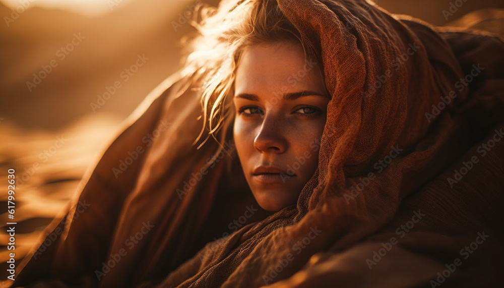 Young woman, caucasian, outdoors, sunset, smiling, looking at camera generated by AI