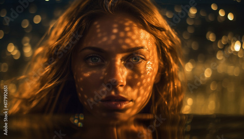Beautiful young woman smiling in the rain, illuminated by reflection generated by AI