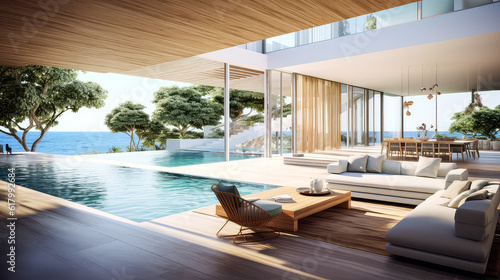 3D render, Modern Interior and pool villa Concept: Embracing the Timeless Elegance and Tranquility of Aesthetics, Creating a Harmonious Fusion of Indoor and Outdoor Spaces