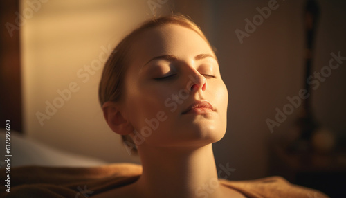 One beautiful woman resting indoors, eyes closed in tranquil relaxation generated by AI