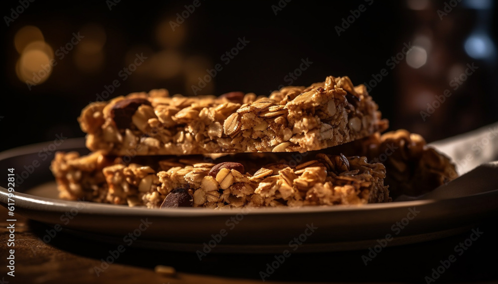 Stack of homemade dark chocolate fudge on rustic wooden plate generated by AI Stack of homemade dark chocolate fudge on rustic wooden plate generated by AI