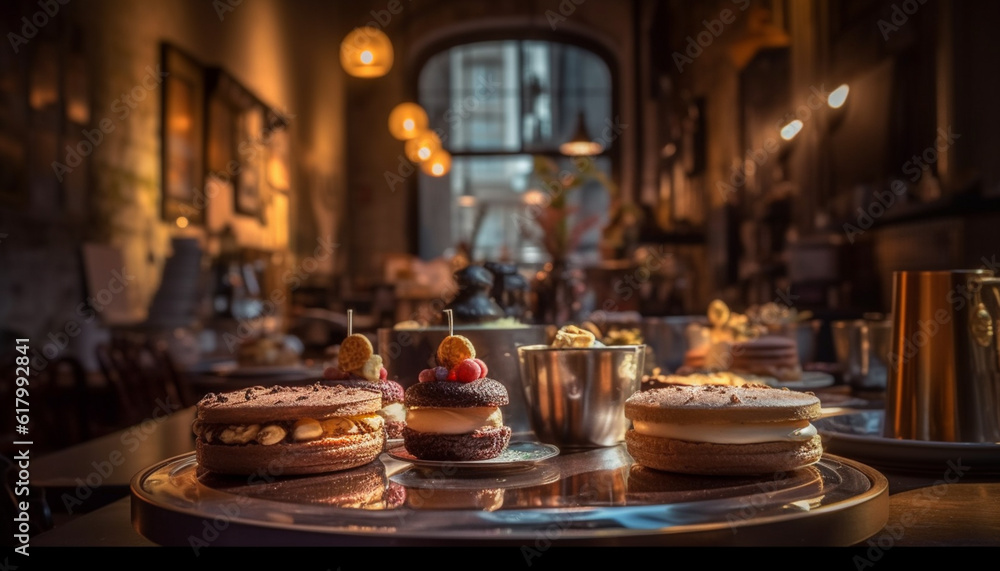 Stack of homemade pancakes on rustic wooden table with chocolate sauce generated by AI