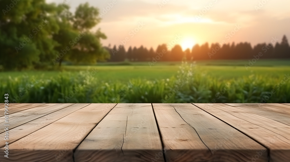 an empty wooden table on a field with the sun, field blurry background Generative AI an empty wooden table on a field with the sun, field blurry background Generative AI