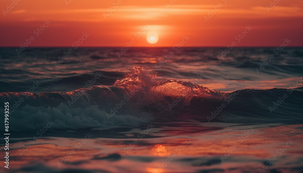 Sunset wave reflects beauty in nature, tranquil seascape at dusk generated by AI