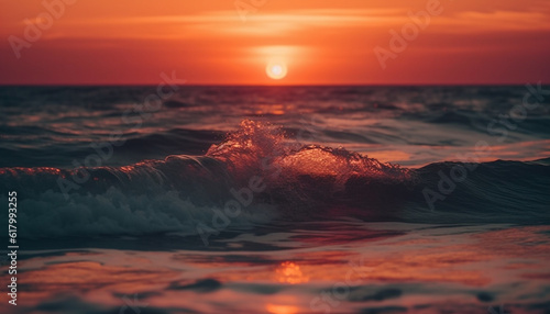 Sunset wave reflects beauty in nature, tranquil seascape at dusk generated by AI