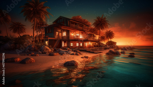 Tropical sunset over luxury bungalow, palm trees and tranquil pool generated by AI